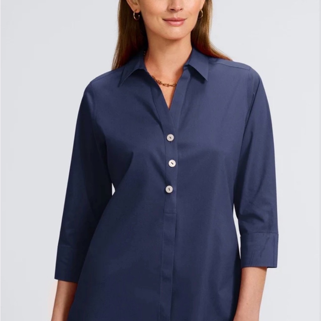 Foxcroft No Iron Stretch Classic Navy Three-Quarter Sleeve Tunic Shirt 2